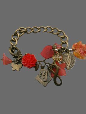 Antiqued Bronze Fall Romance Charm Bracelet, Resin Floral & Heart Themed Charms
